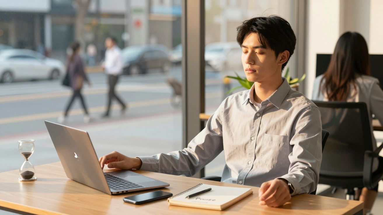 Homem sentado numa secretária a meditar ao lado de computador portátil e bloco de notas.