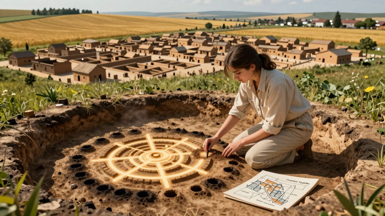 Mulher a escavar e estudar modelo de cidade antiga com planta em campo aberto e campos ao fundo.