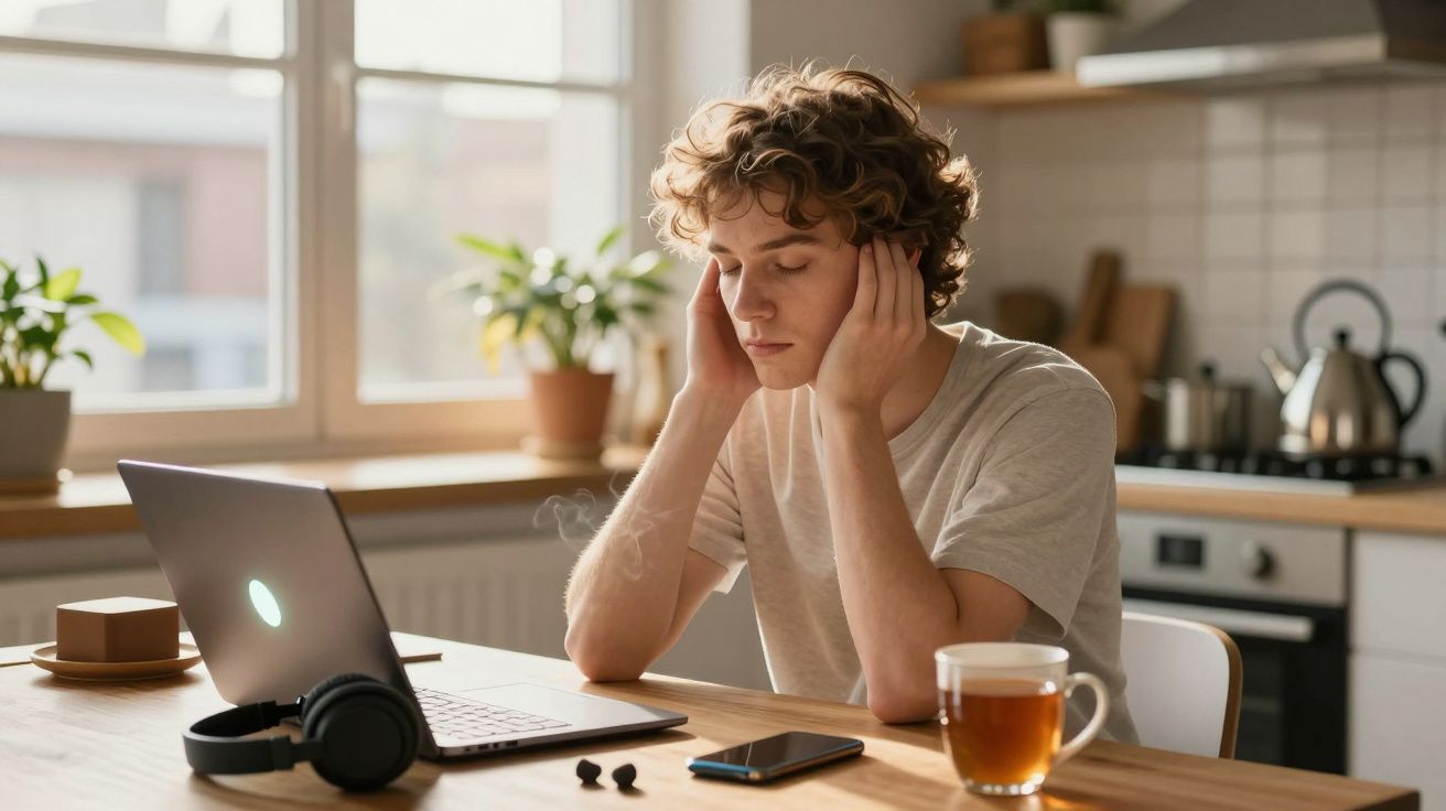 Jovem sentado numa cozinha a descansar com as mãos na cabeça, ao lado de portátil, chá e auriculares.