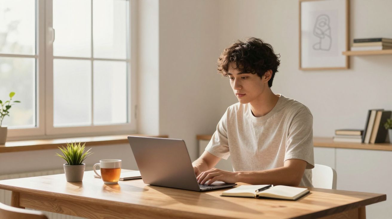 Jovem sentado à mesa em casa, a trabalhar num portátil com uma chávena e caderno ao lado.