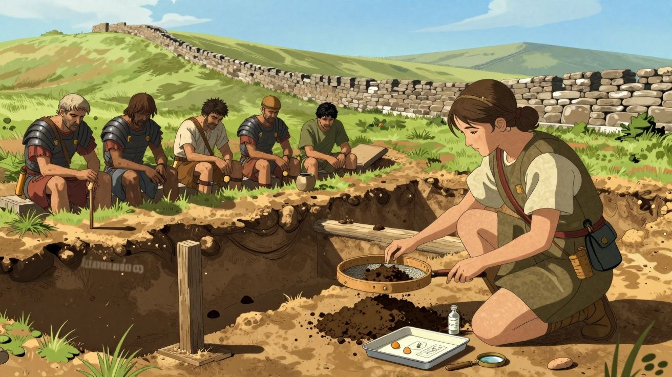 Arqueóloga a analisar terra num peneiro com soldados romanos sentados ao fundo junto a muralha.