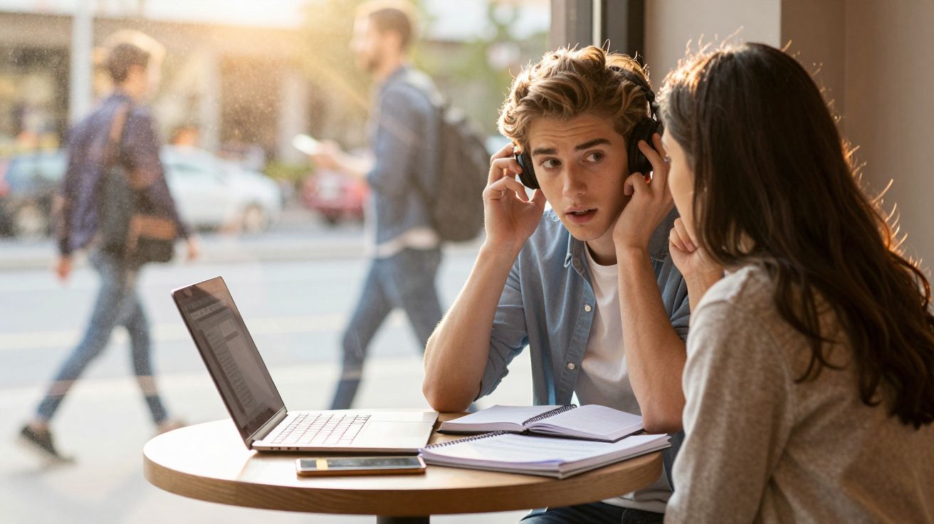 Dois jovens sentados numa mesa com um portátil, caderno e telemóvel, a conversar num café junto a uma janela.