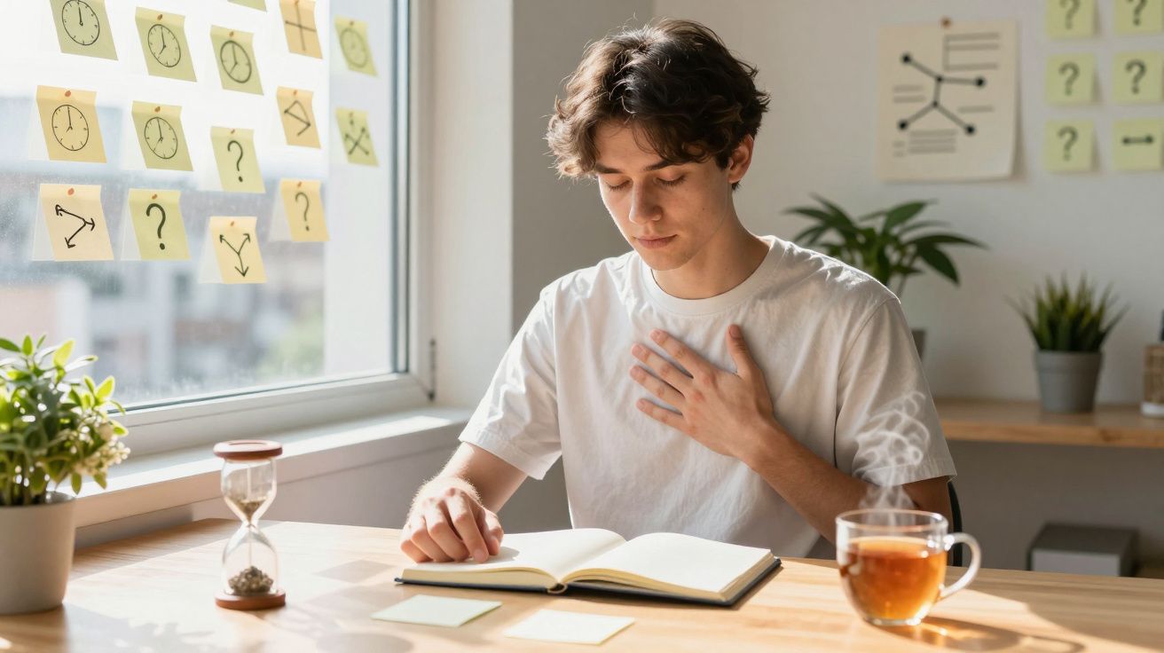 Jovem sentado à mesa a ler um livro, com notas coladas na janela, uma ampulheta e chá à sua frente.