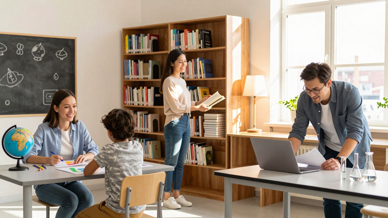 Sala de aula com professor, aluno a desenhar, mulher a ler livro e homem a trabalhar no computador.