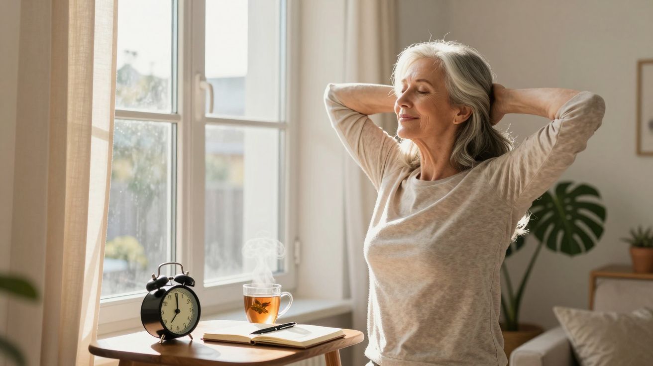 Mulher sénior relaxa junto à janela com chá, despertador e caderno numa manhã luminosa.
