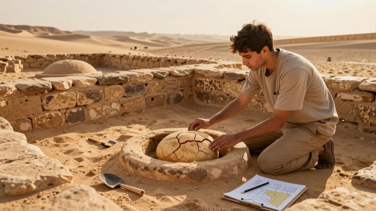 Homem a escavar e examinar artefacto antigo no deserto junto a esboço e ferramentas arqueológicas.