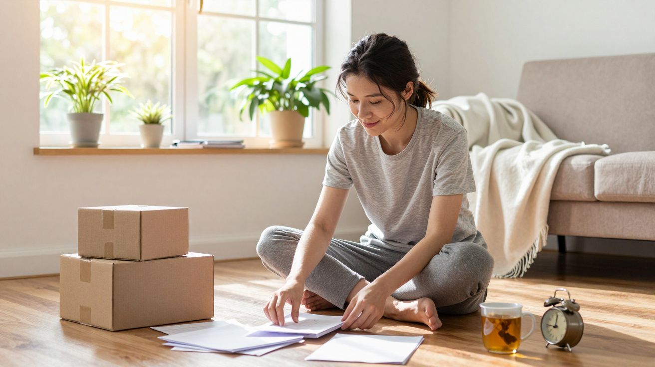 Mulher sentada no chão a organizar papéis, ao lado de duas caixas, chá e um relógio numa sala iluminada.