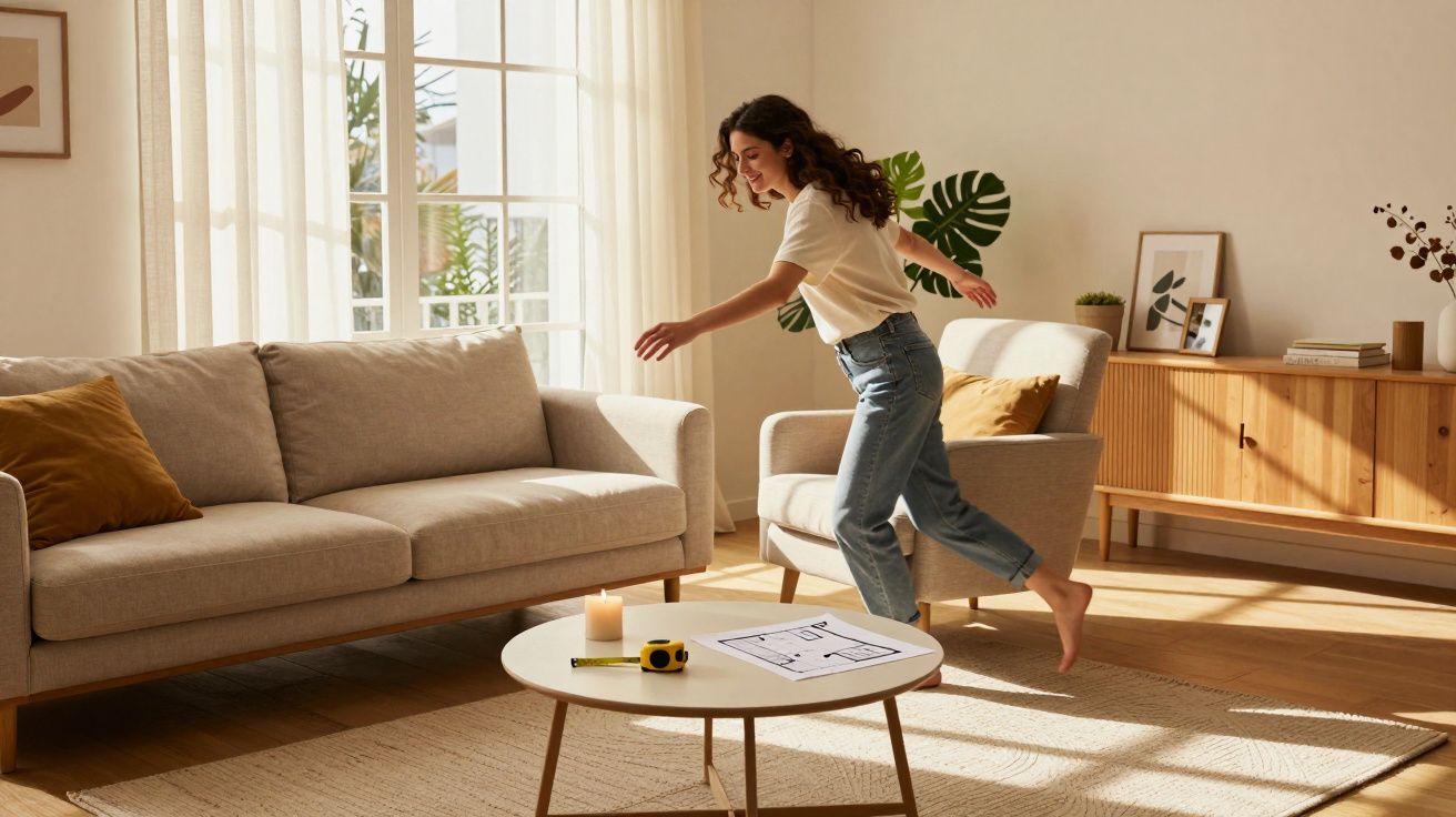 Mulher alegre a saltar descalça numa sala com sofá, poltrona, mesa e plantas, iluminada por luz natural.