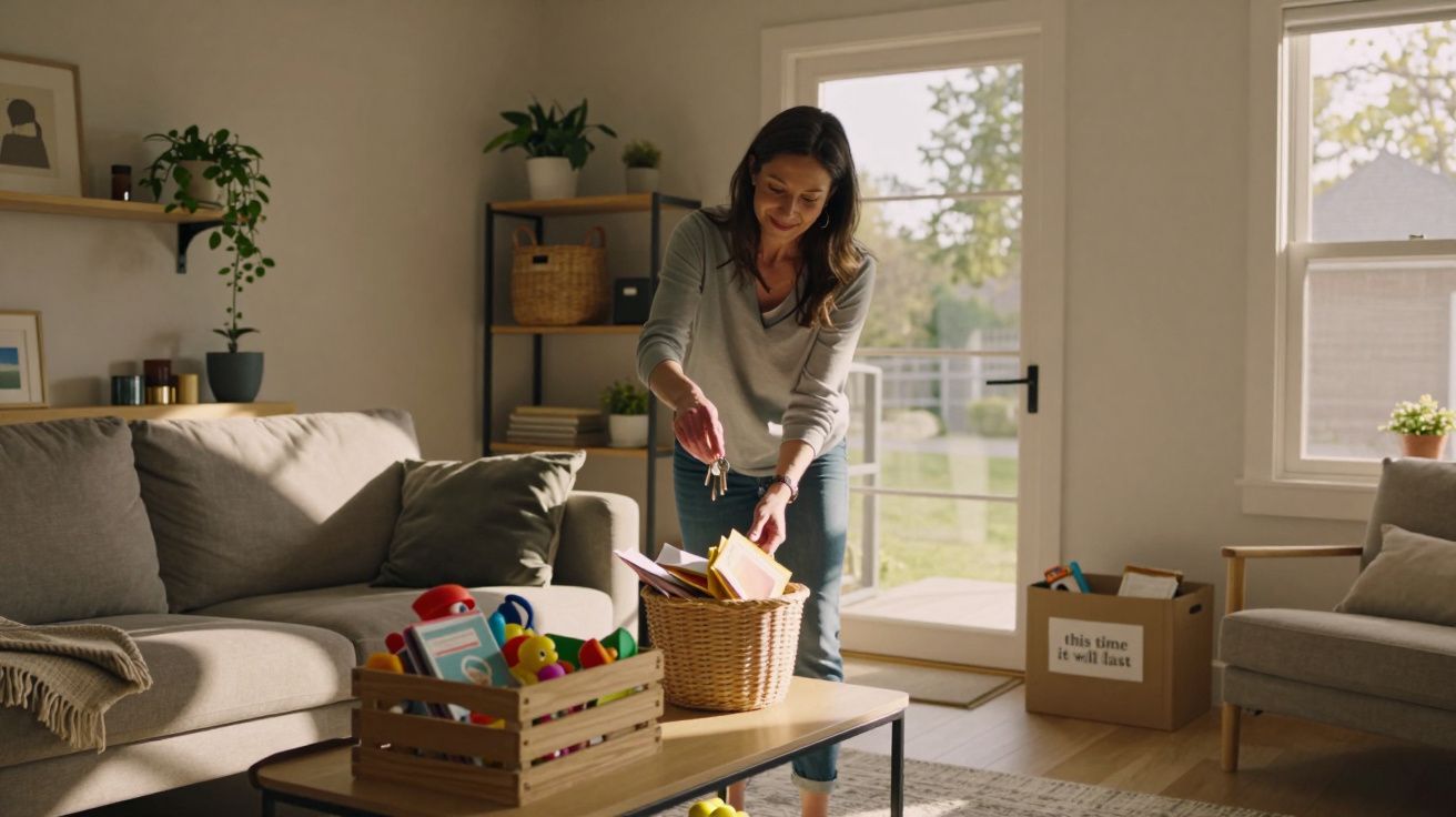 Mulher a organizar objetos numa sala de estar clara com sofá cinzento e portas de vidro abertas.