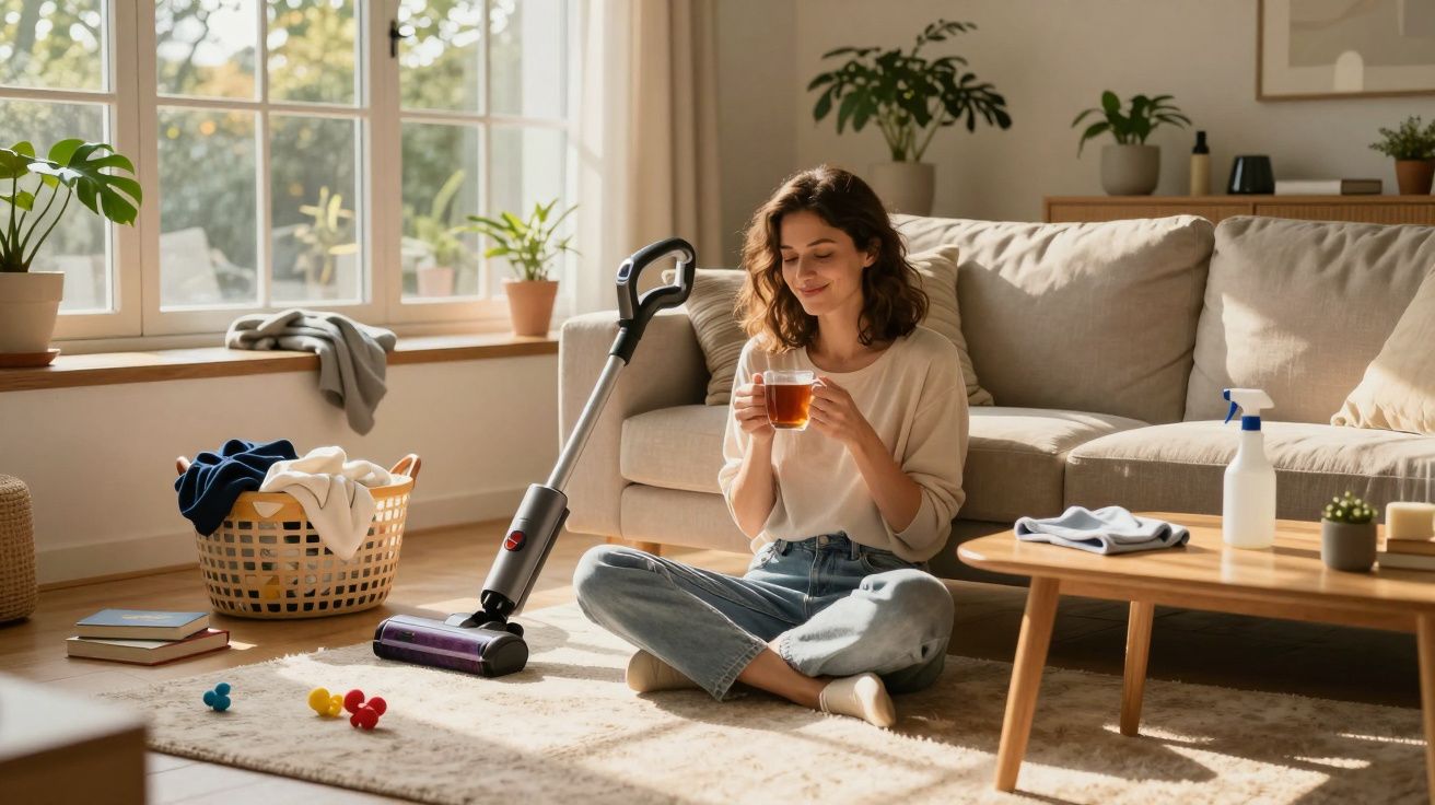 Mulher sentada no chão da sala a beber chá, com um aspirador, brinquedos e roupa na cesta ao lado.