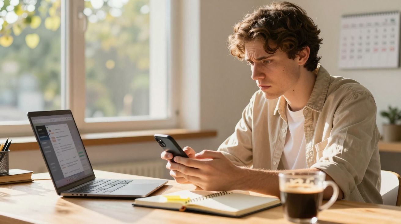 Jovem concentrado a usar telemóvel e computador portátil numa mesa com caderno e café, junto de uma janela.