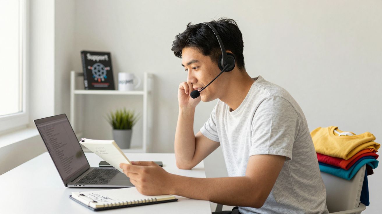Homem jovem com auricular a trabalhar num computador portátil, lendo um documento numa sala iluminada.