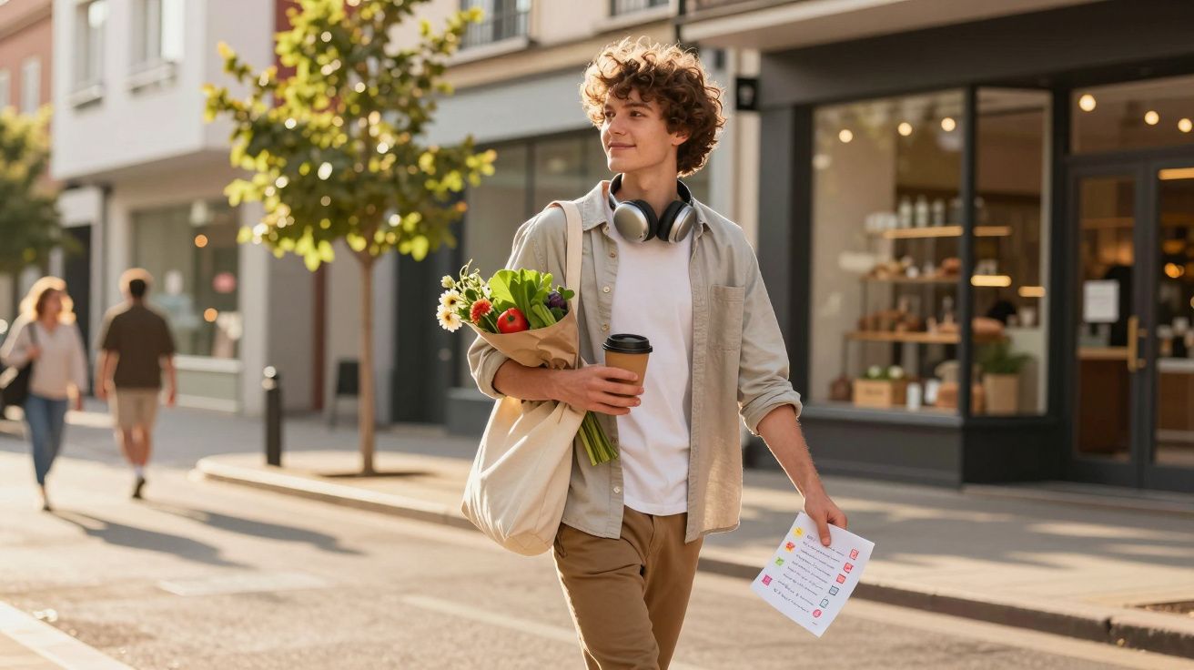 Jovem a caminhar na rua com roupa casual, carregando sacola com flores e legumes, e a segurar um café e uma lista.