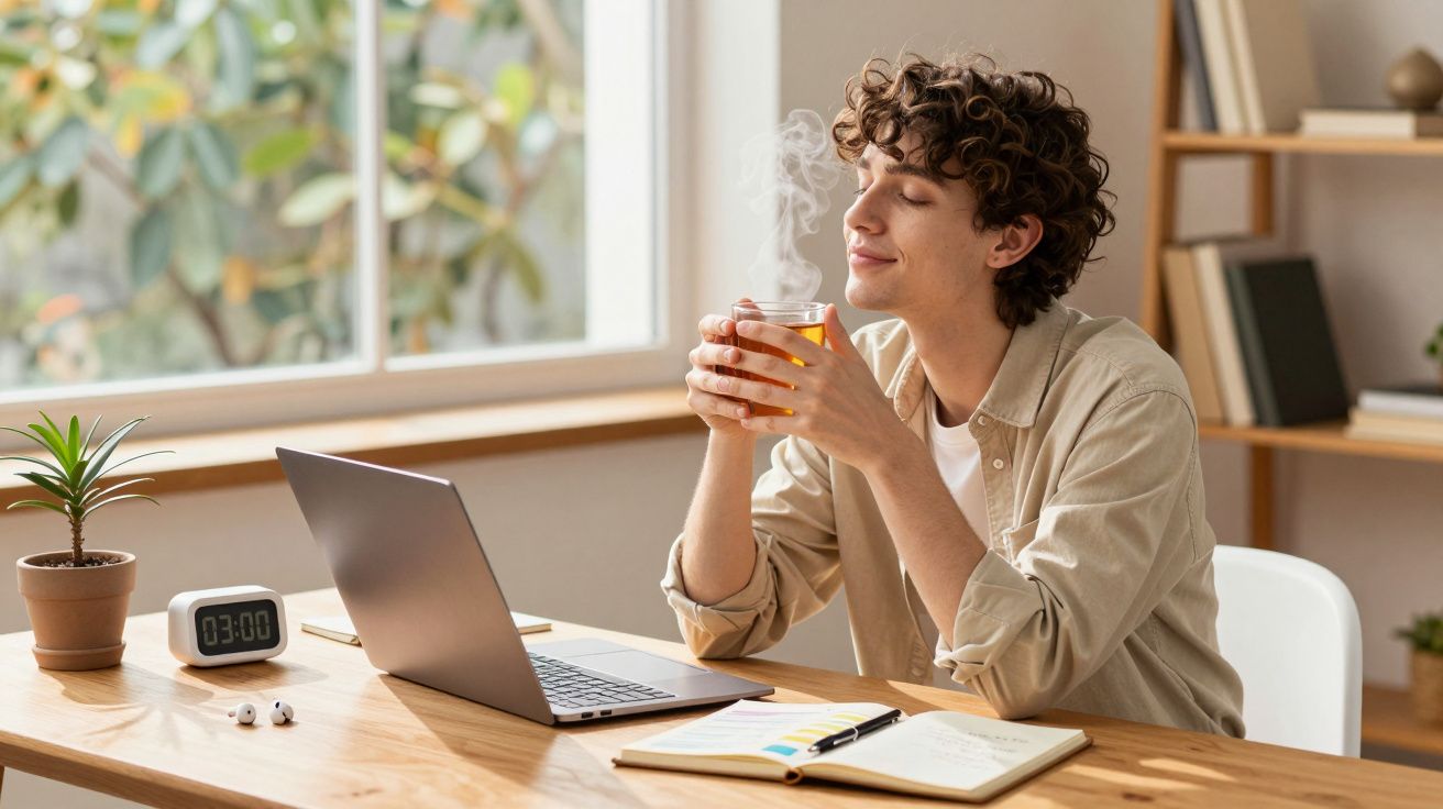 Pessoa sentada numa secretária a segurar uma chávena de bebida quente, com portátil e caderno à frente.