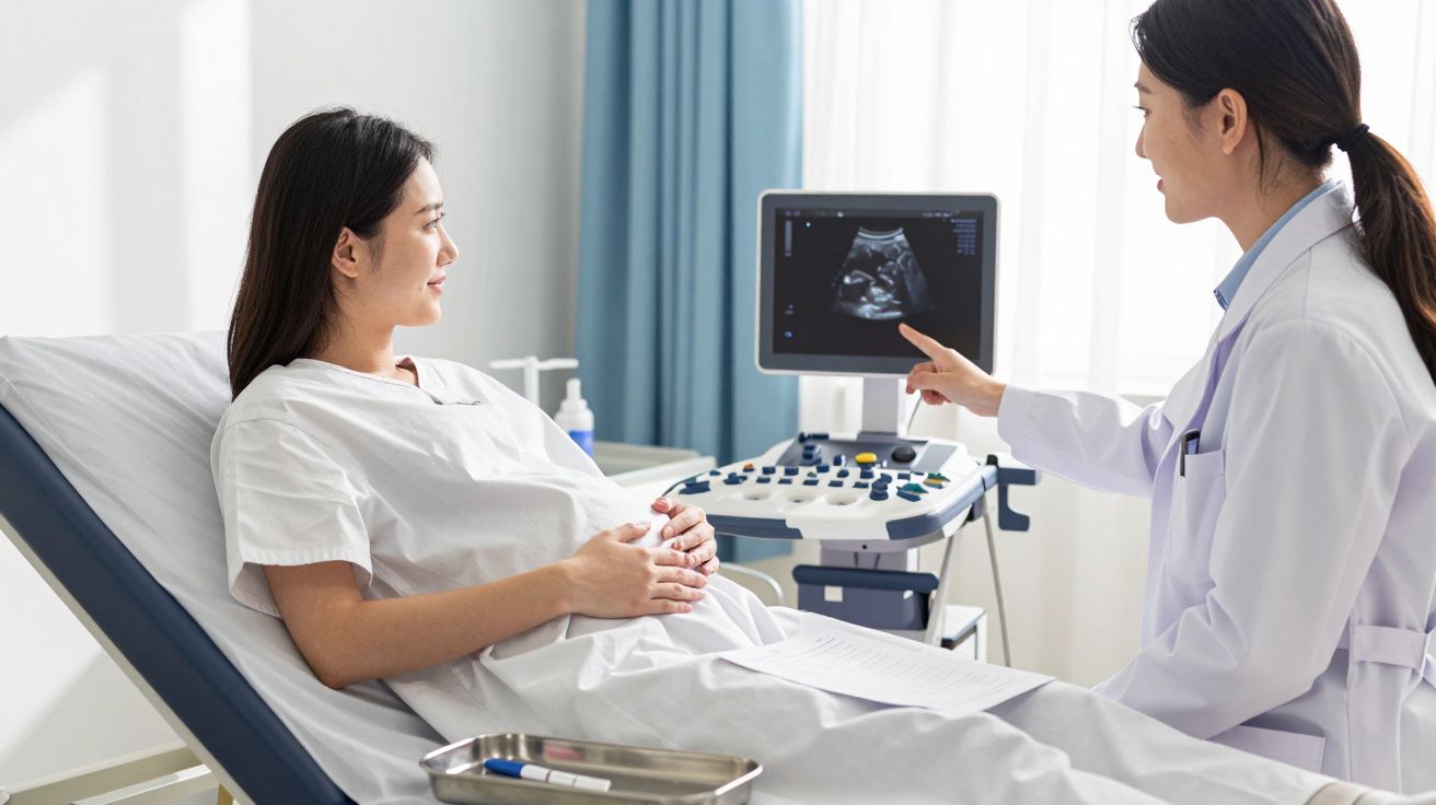 Mulher grávida deitada enquanto médica mostra ecografia num ecrã no consultório.