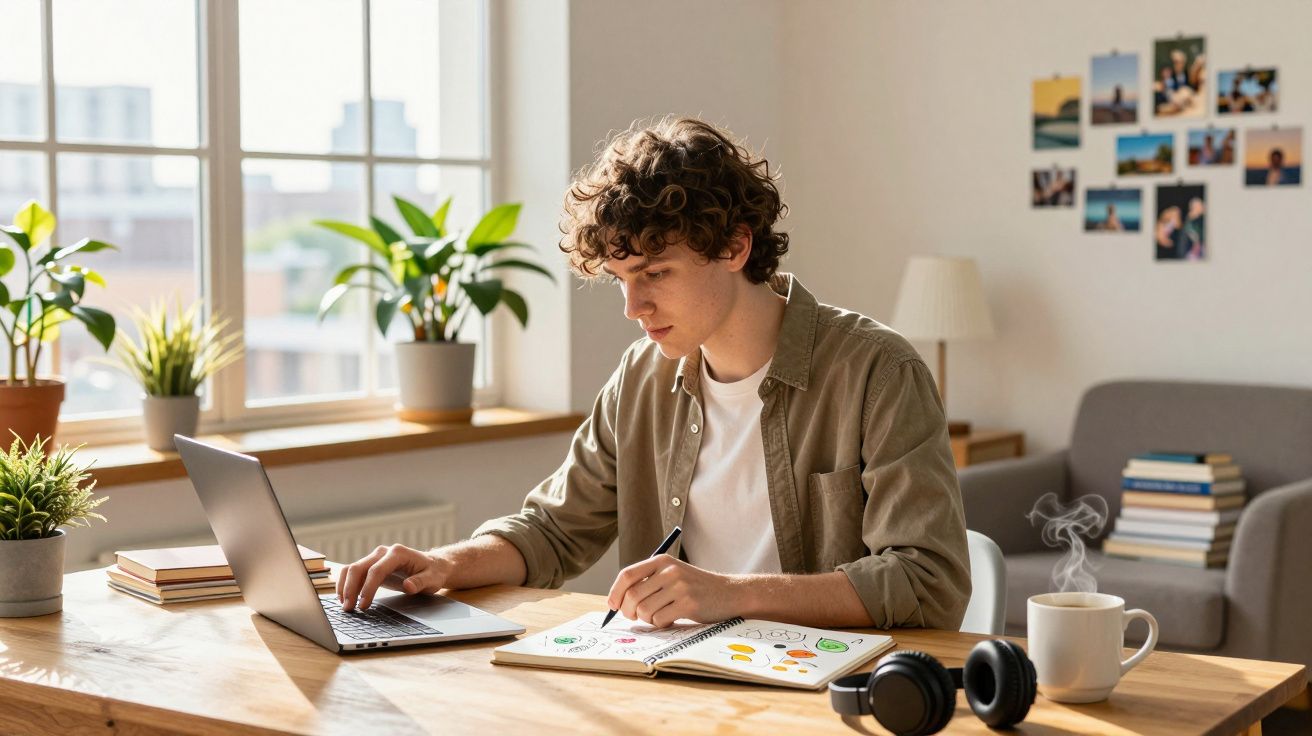 Jovem a trabalhar num computador portátil com caderno de desenhos, fones e chá numa mesa luminosa junto a plantas.