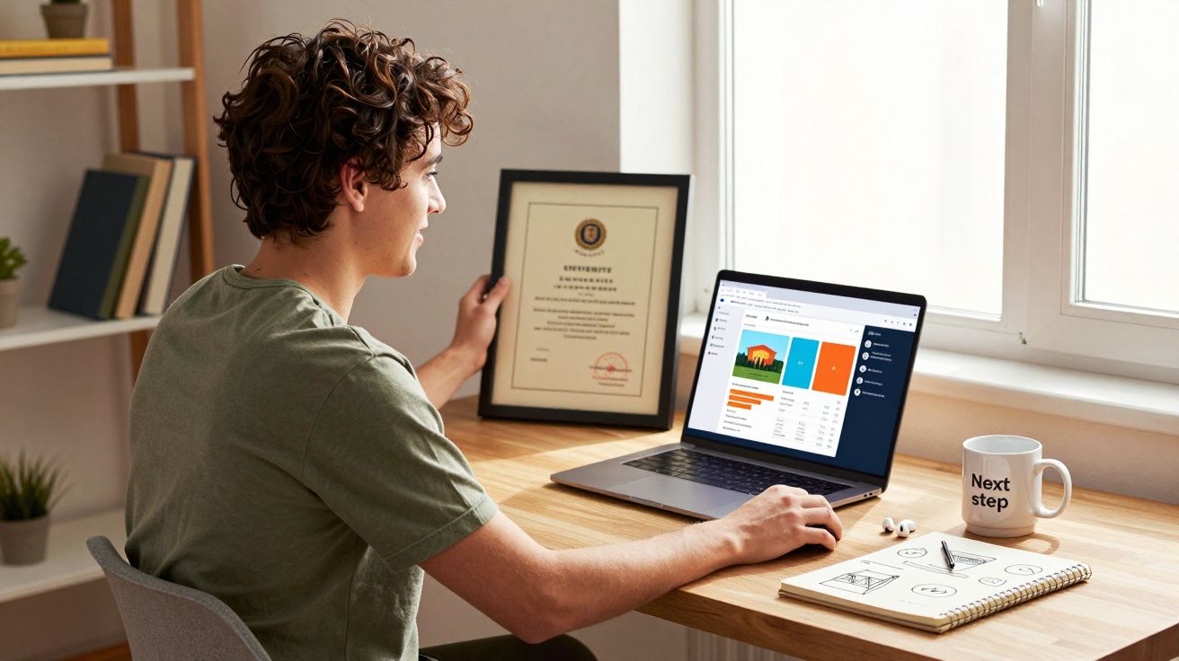 Pessoa a trabalhar num computador portátil com um certificado e materiais de desenho numa secretária junto à janela.