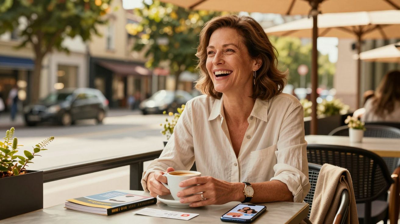 Mulher sorridente sentada numa esplanada, a segurar uma chávena de café, com telemóvel e livro na mesa.