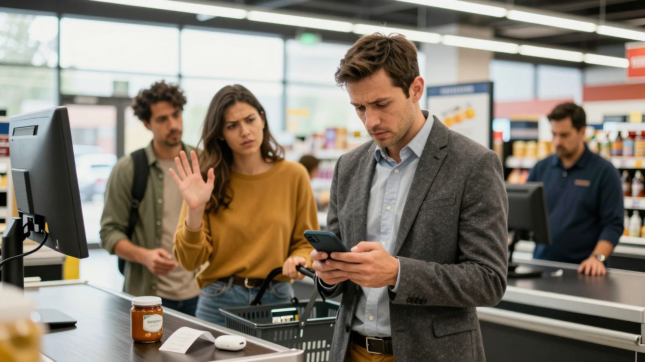 Homem confuso a olhar para o telemóvel numa fila de supermercado, enquanto uma mulher atrás lhe gesticula impaciente.