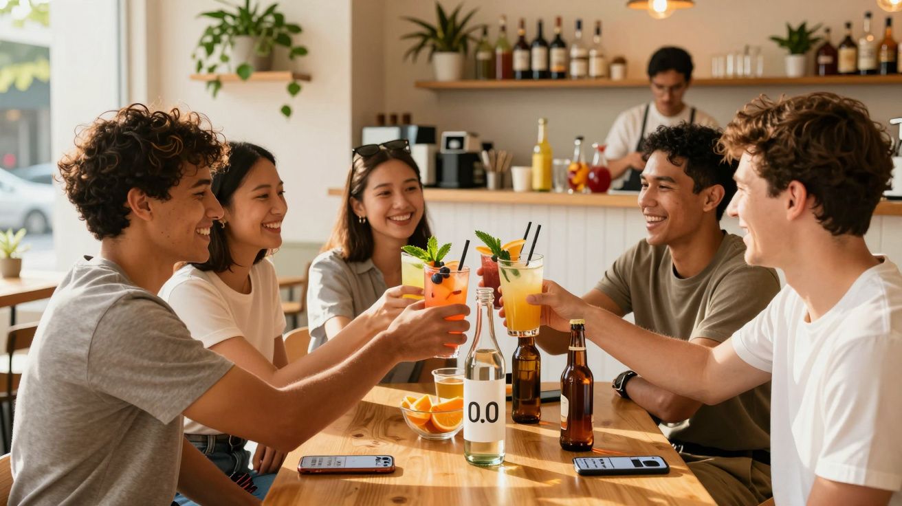 Grupo de cinco jovens a brindar com bebidas num café moderno e iluminado.