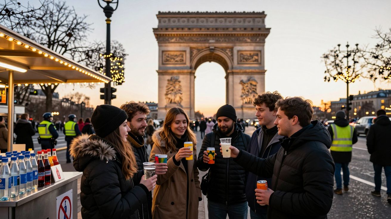 Grupo de amigos a brindar com bebidas junto ao Arco do Triunfo ao pôr do sol em Paris.