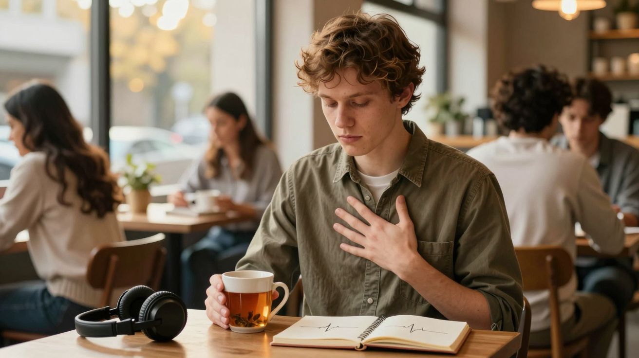 Jovem sentado numa cafetaria a beber chá e a ler um caderno com traçado de batimentos cardíacos.