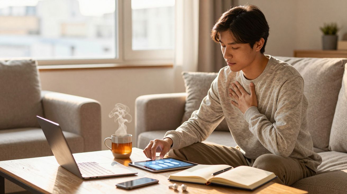 Jovem sentado no sofá a usar um tablet, com laptop, chá quente e caderno numa mesa à frente.