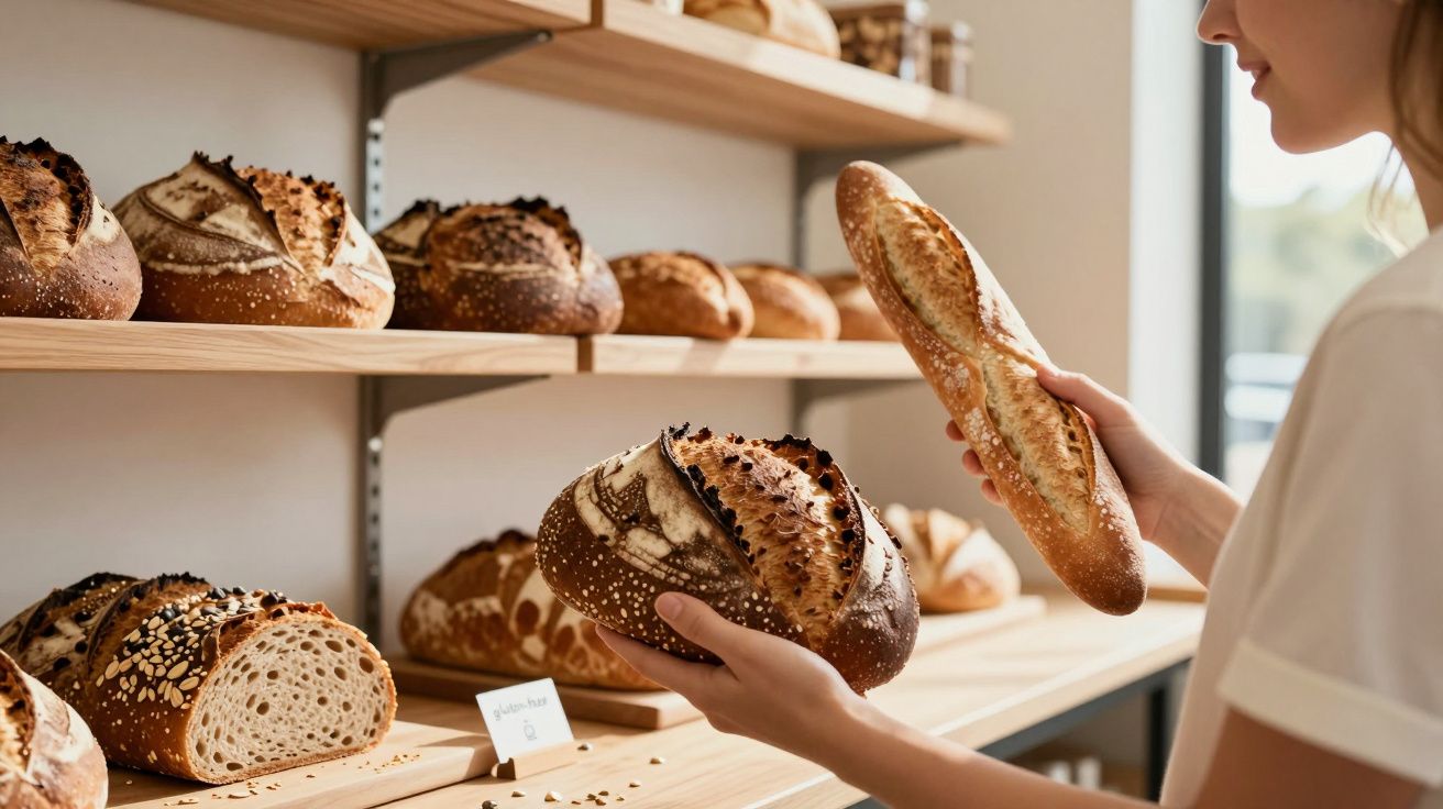 Pessoa a escolher entre pão rústico redondo e baguete numa prateleira de padaria.
