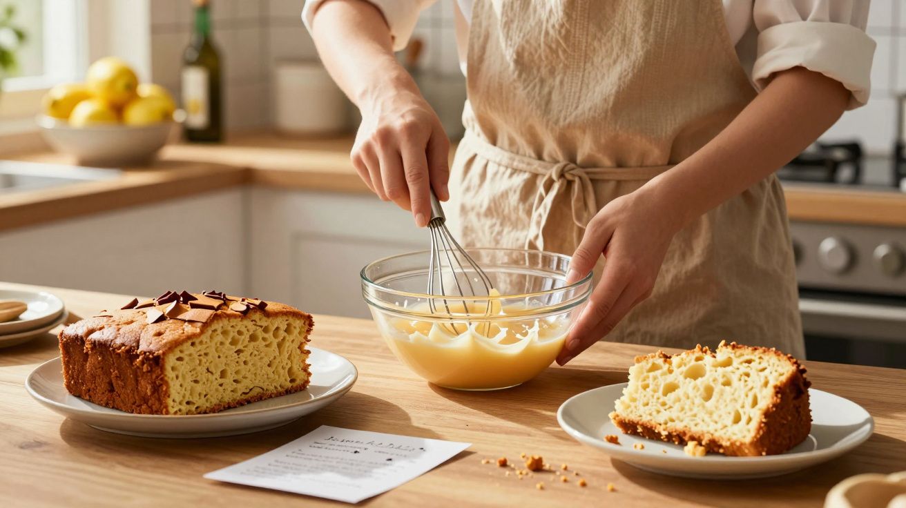 Pessoa a mexer massa numa taça de vidro em cozinha com bolo caseiro fatiado e receita numa folha.