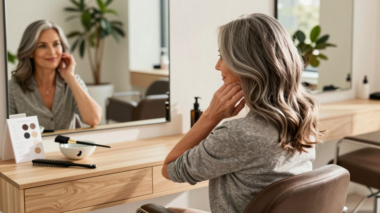 Mulher de cabelos grisalhos sentada numa cadeira de cabeleireiro a olhar-se ao espelho, sorrindo.