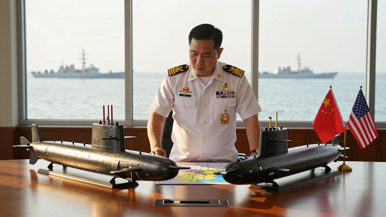 Homem militar em uniforme branco analisa mapa entre modelos de submarinos com bandeiras da China e EUA ao fundo.
