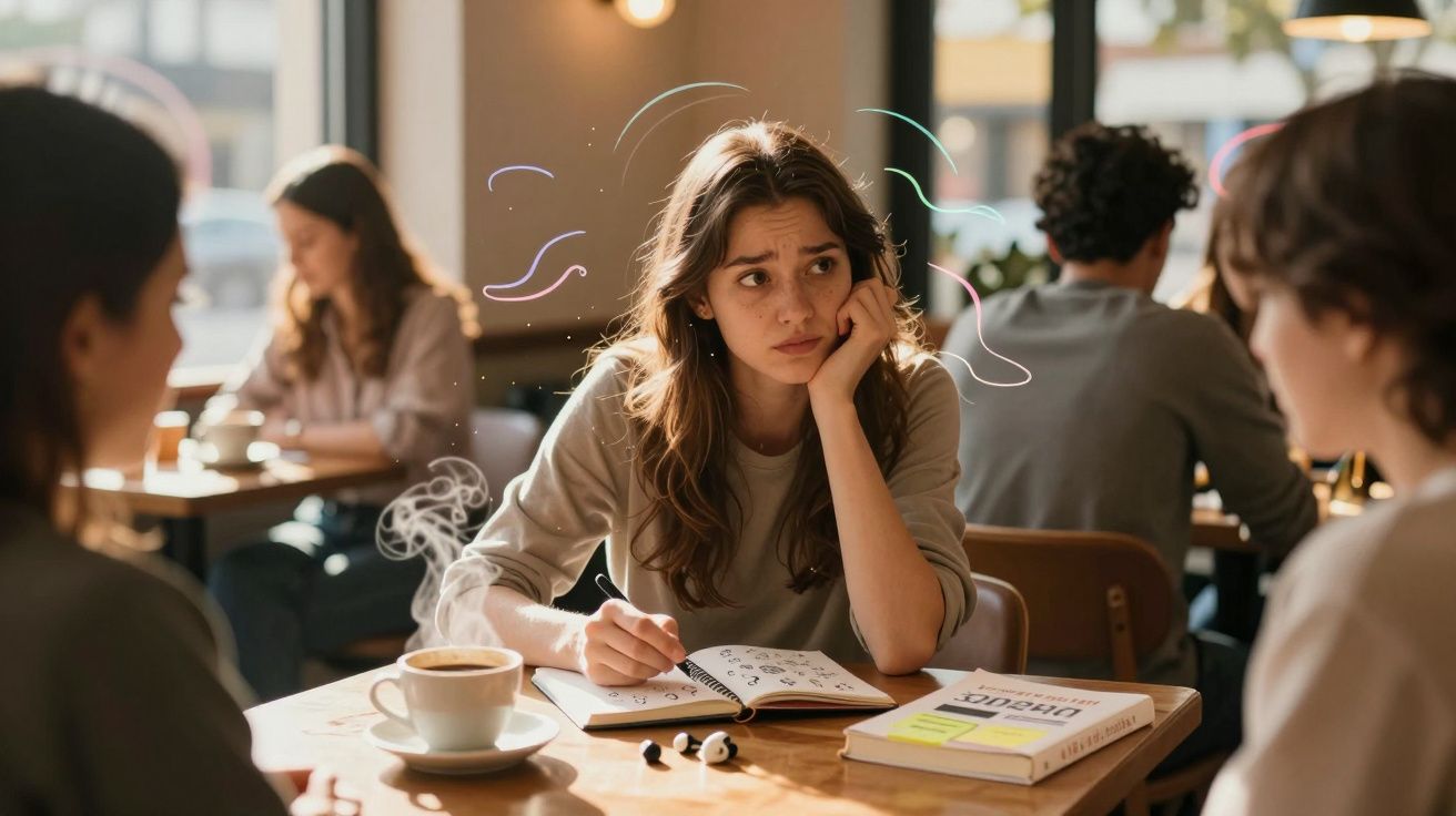 Jovem mulher pensativa sentada à mesa com livro aberto e chávena de café num café movimentado.