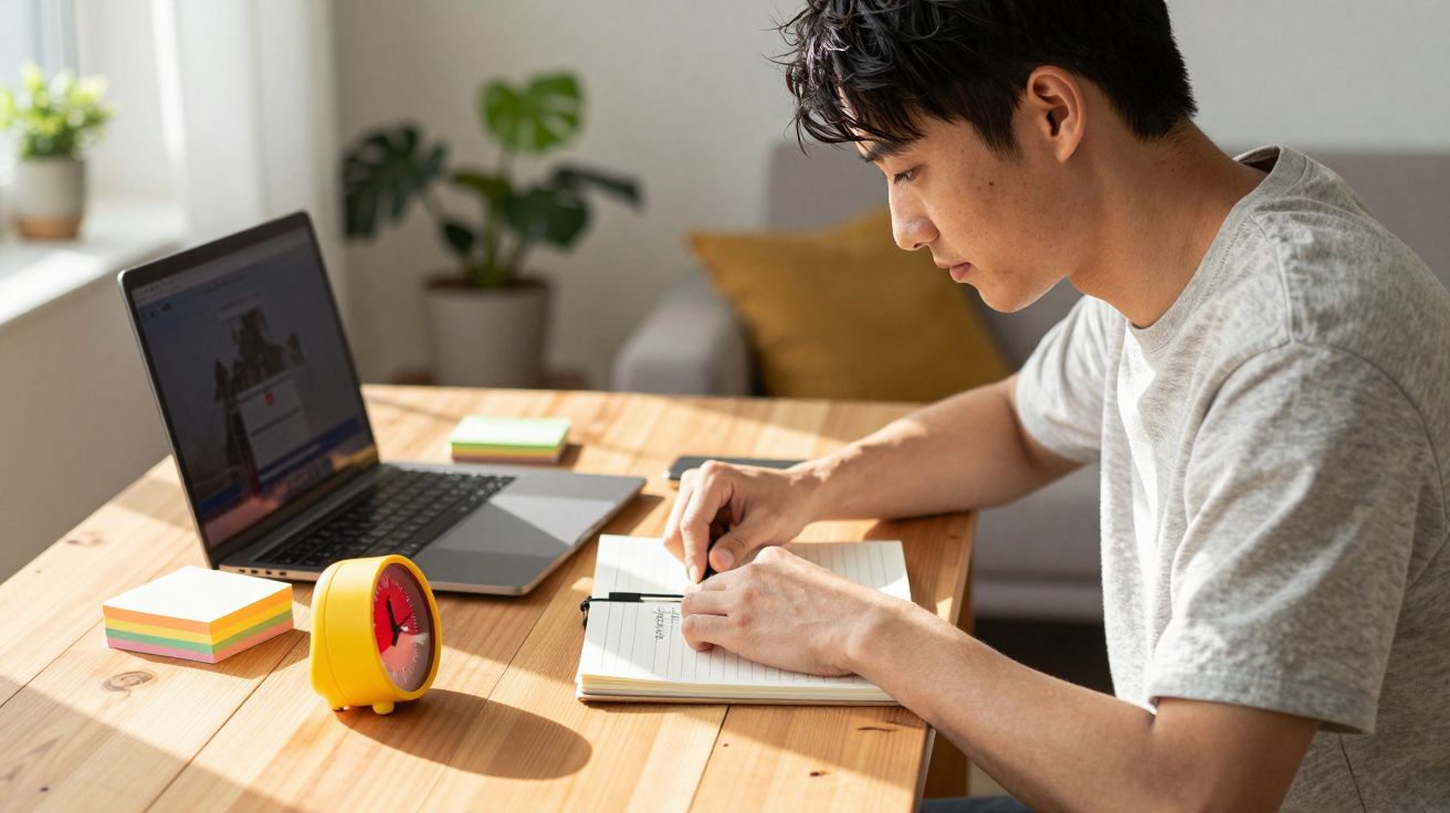 Jovem escreve num caderno numa mesa com computador portátil, relógio e blocos de notas, num ambiente iluminado.