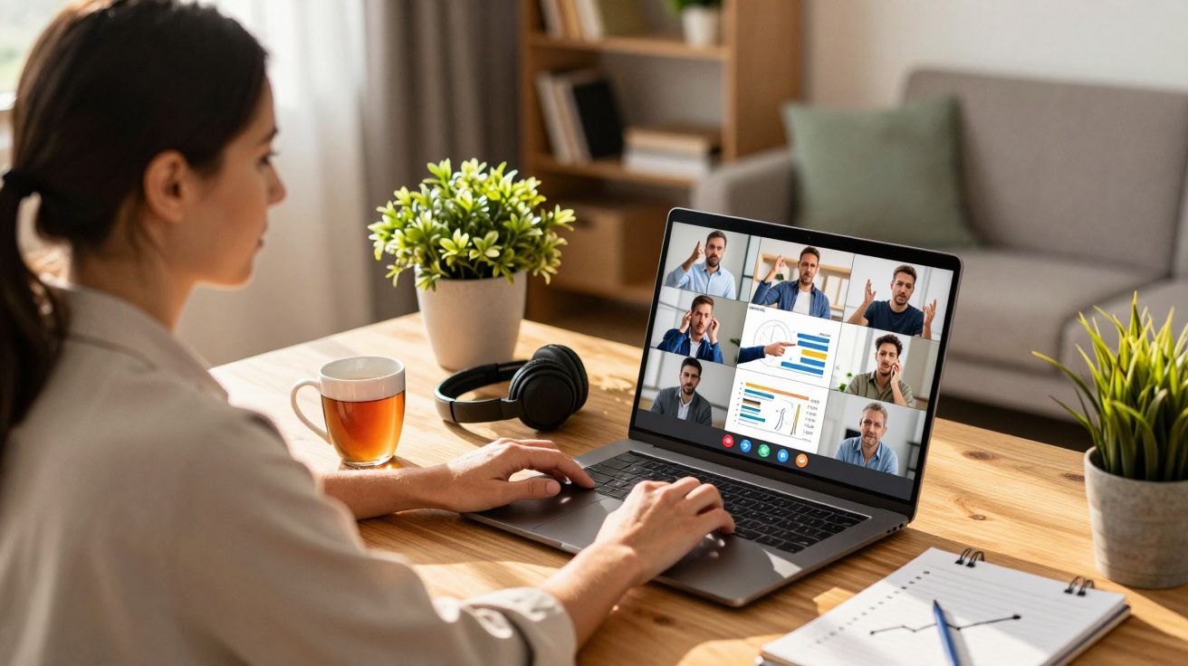 Mulher numa videochamada de trabalho em laptop numa mesa com chá, auscultadores e bloco de notas.