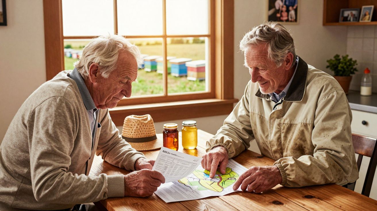 Dois seniores sentados à mesa, a analisar mapas e documentos numa sala com vista para colmeias.