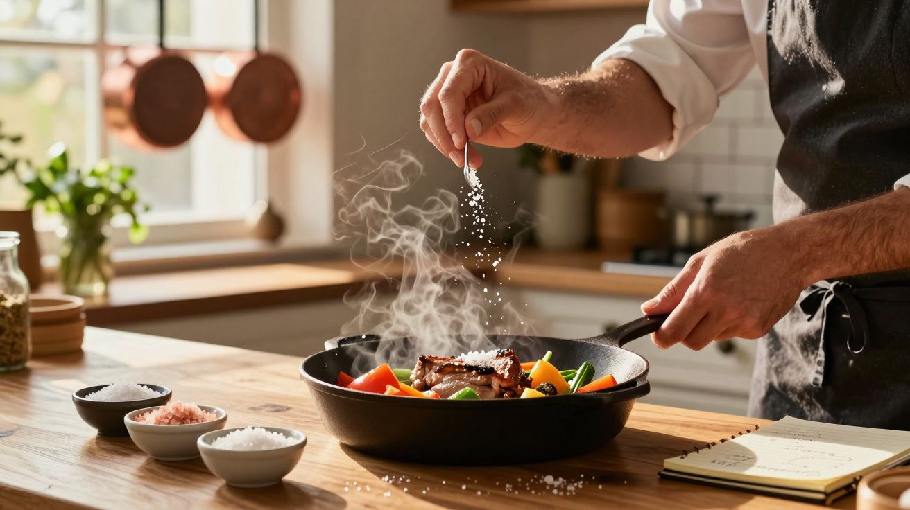Pessoa a temperar carne e legumes numa frigideira numa cozinha luminosa e moderna.