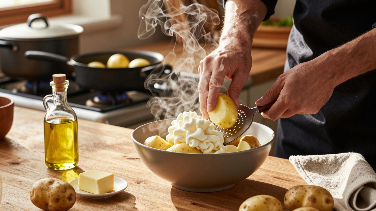 Mãos a passar batata cozida para uma taça com puré de batata fumegante numa cozinha iluminada.