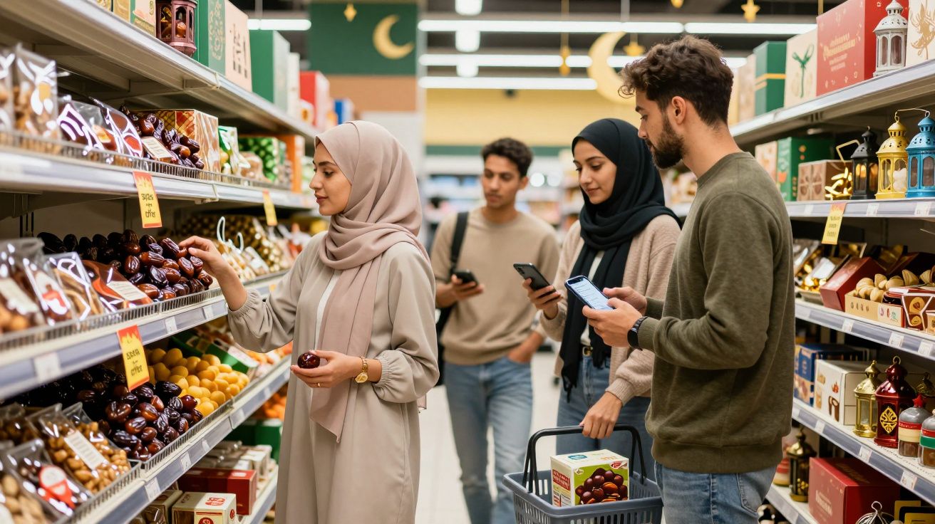 Grupo de jovens com roupa tradicional árabe a fazer compras num supermercado.
