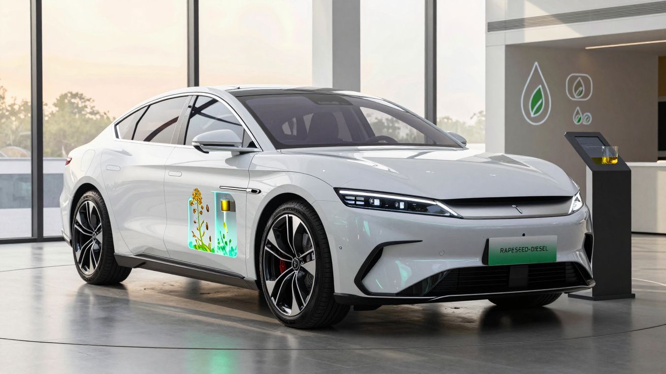 Carro elétrico branco moderno em exibição numa sala com janelas grandes e decoração minimalista.