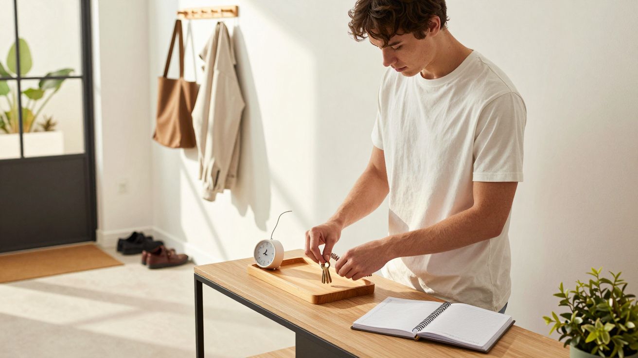 Rapaz a guardar chaves numa bandeja de madeira numa mesa com caderno aberto e relógio pequeno branco.