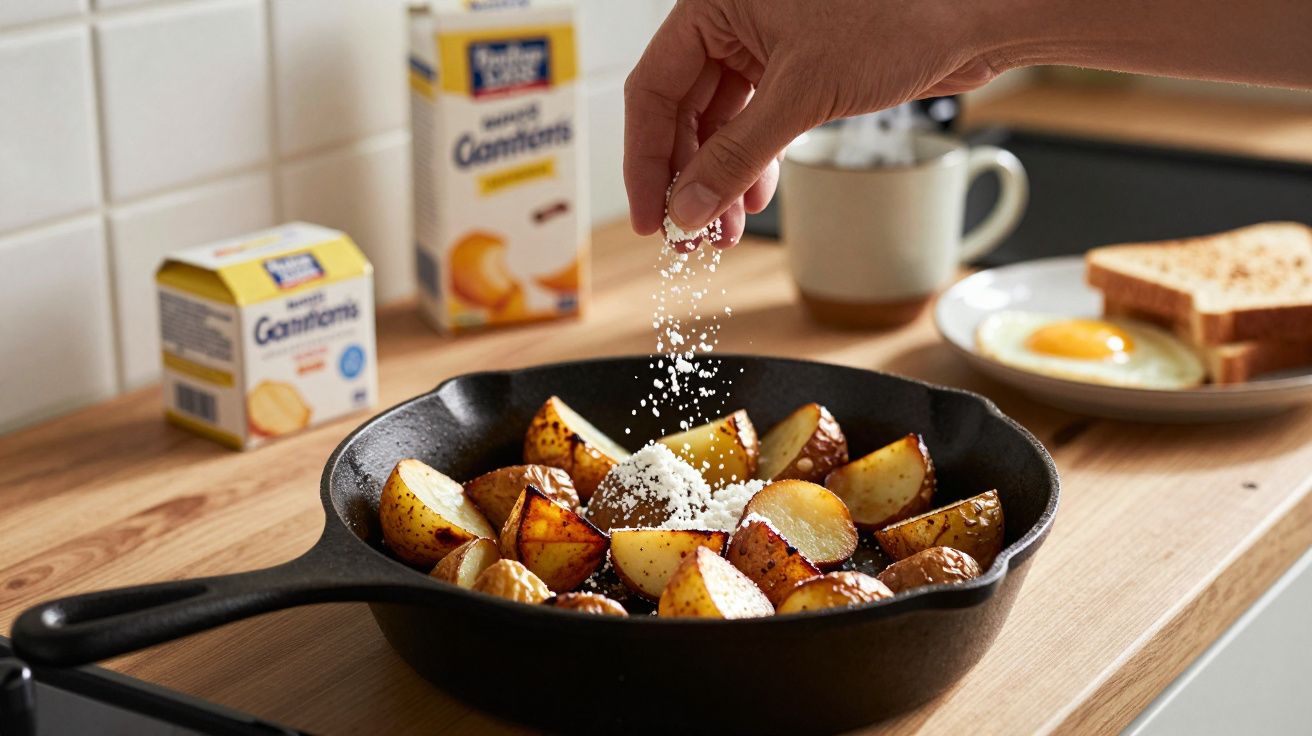Mão a polvilhar sal em batatas assadas numa frigideira preta numa cozinha com torradas e ovo ao fundo.