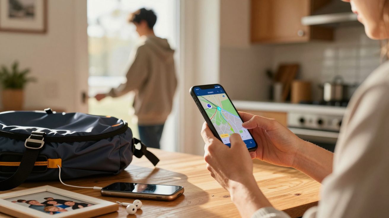 Pessoa a usar aplicação de mapas no telemóvel numa cozinha, enquanto outra pessoa sai pela porta.