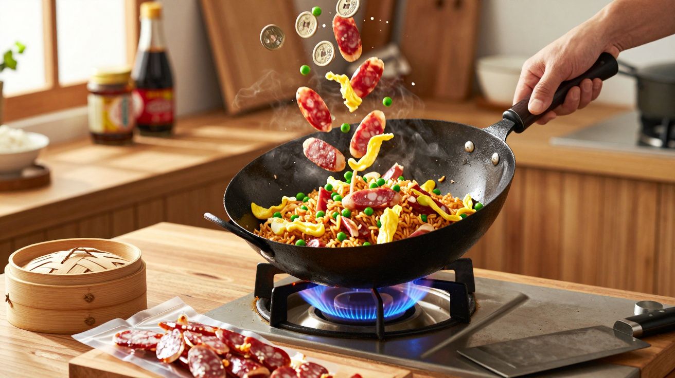 Mão a cozinhar salteado com macarrão, ervilhas e chouriço numa wok sobre fogão a gás.