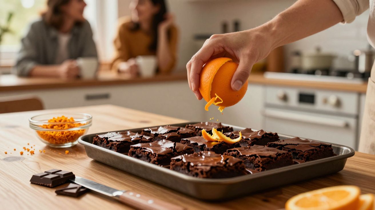 Pessoa a ralar casca de laranja sobre tabuleiro de brownies cortados numa cozinha.
