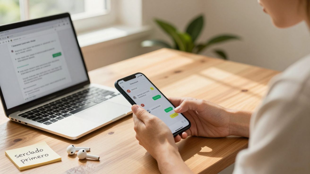 Pessoa a usar telemóvel com conversas de mensagens, computador portátil aberto e auscultadores sobre mesa de madeira.