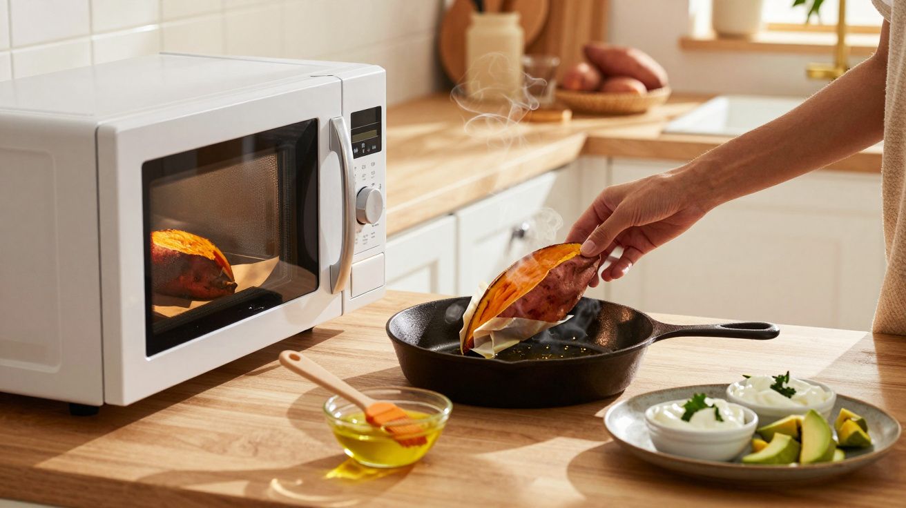 Mão retira batata-doce quente do micro-ondas para tacho numa cozinha com ingredientes ao lado.