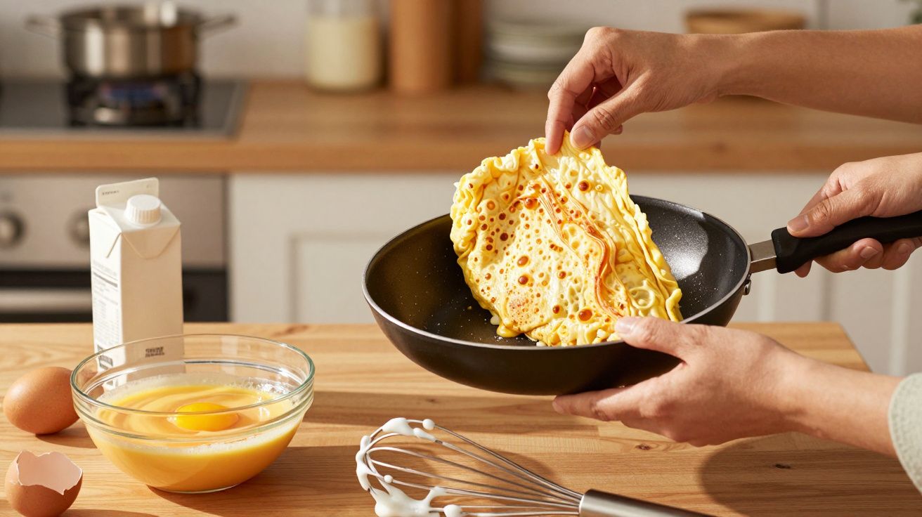 Mãos a virar uma panqueca fina numa frigideira numa cozinha com ovos, batedor e leite sobre a bancada.
