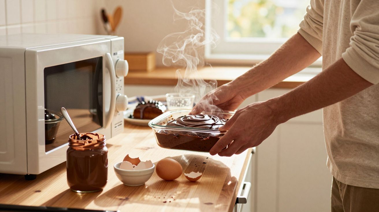 Pessoa a retirar um prato de pudim de chocolate fumegante do forno numa cozinha iluminada.