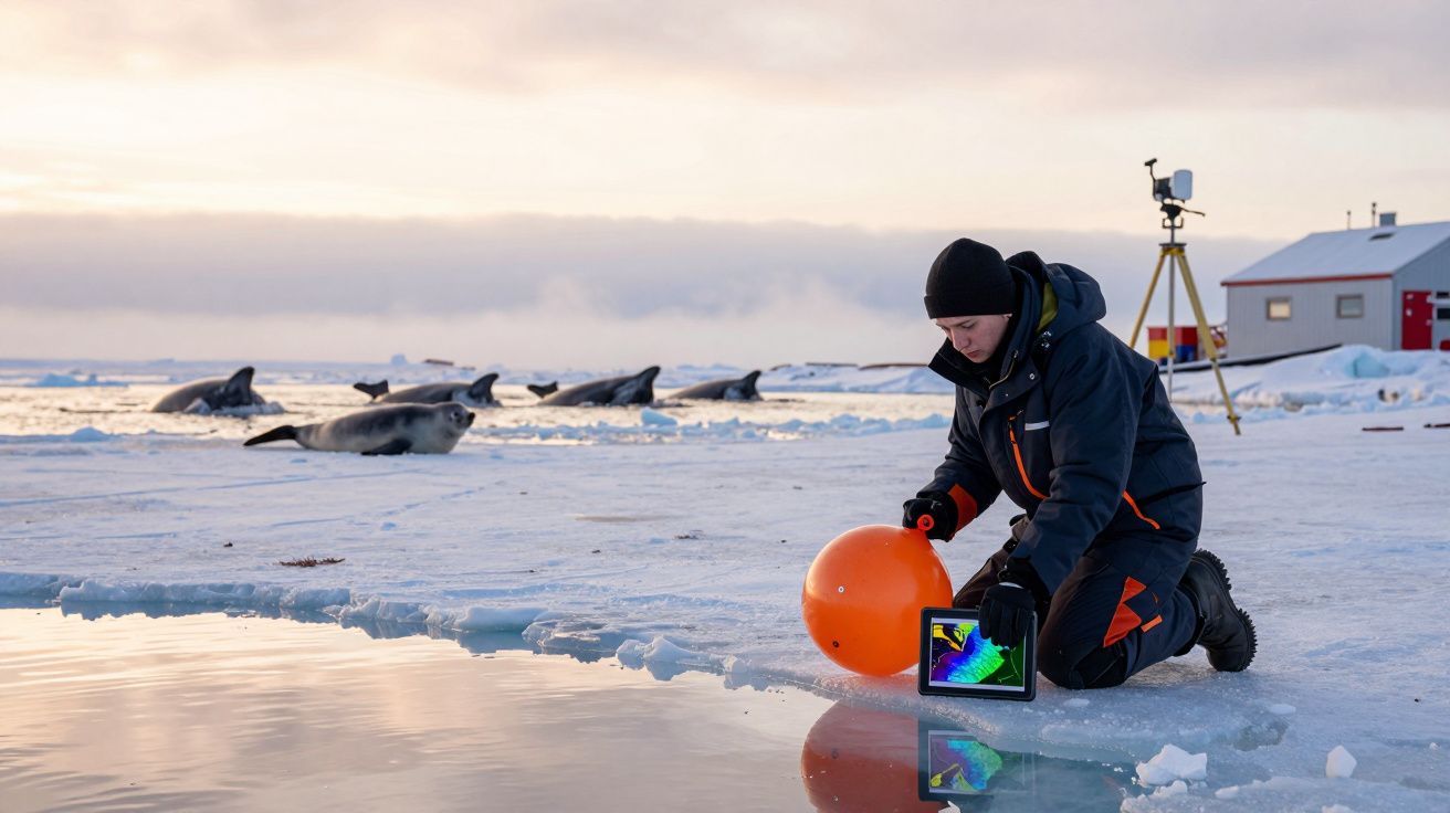 Pessoa em roupa térmica junto ao buraco no gelo, segurando boia e tablet, com focas e cabana ao fundo.