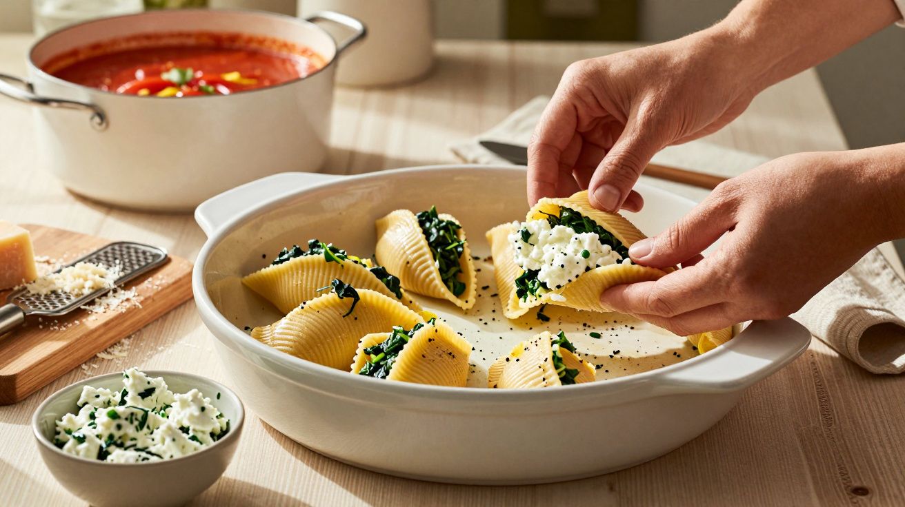 Mãos a rechear conchas de massa com ricota e espinafres numa travessa branca sobre mesa de madeira.